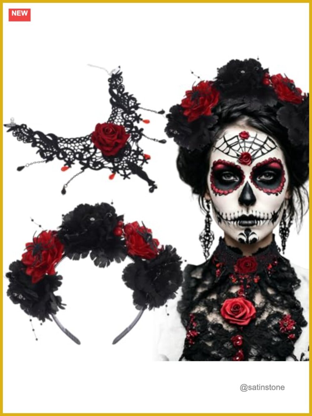 Gothic Rose Headband Choker Set Polyester High Stretch Halloween Cosplay